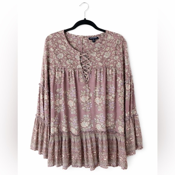 American Eagle Outfitters Tops - Boho Floral Tunic Top Mauve Bell Sleeve Size L
